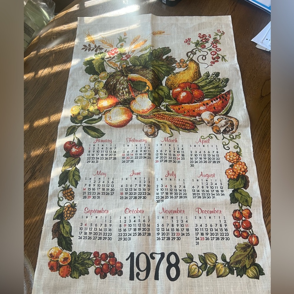 Vintage 1978 Linen Cloth Calendar Fruits & Vegetables Pictured